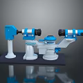 Blue And White Industrial Precision Equipment Featuring Multiple Mechanical Components On Black Platform 3d model