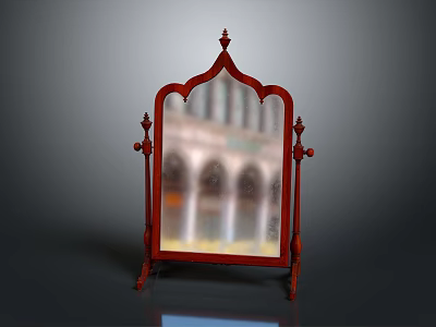Vintage Red Frame Standing Mirror With Decorative Carvings And Elegant Design 3d model