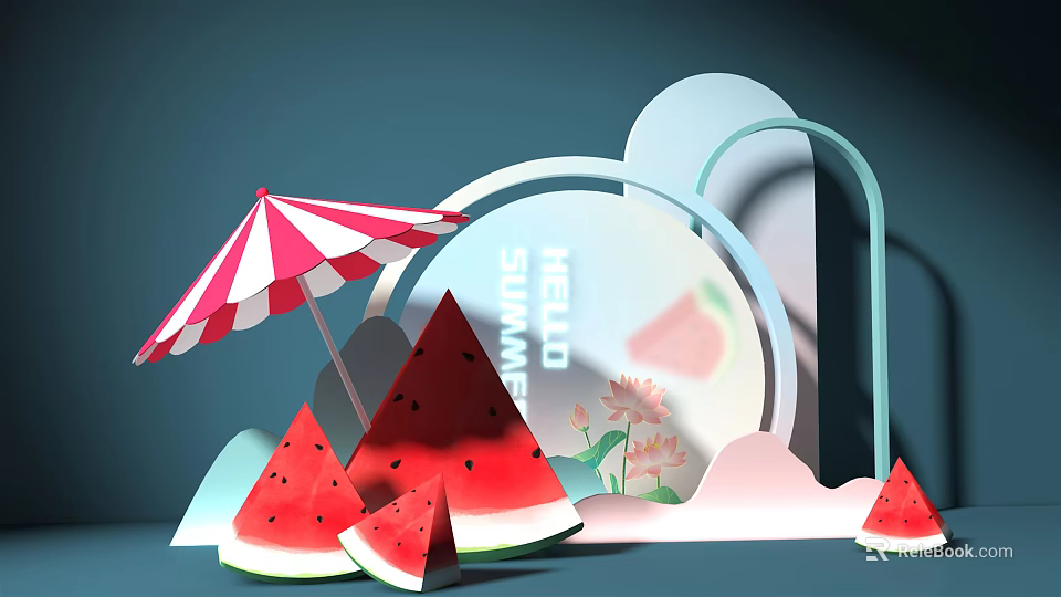 Hello Summer Themed Scene With Watermelon Slices And Red White Striped Umbrella 3d model 