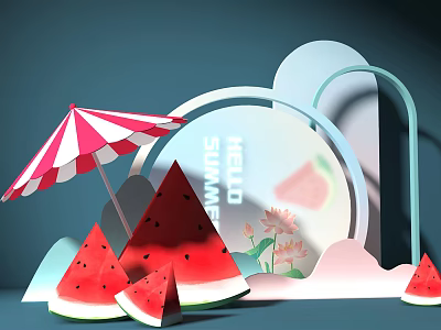 Hello Summer Themed Scene With Watermelon Slices And Red White Striped Umbrella 3d model