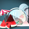 Hello Summer Themed Scene With Watermelon Slices And Red White Striped Umbrella
