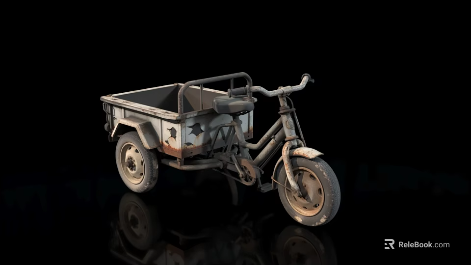 Vintage Three Wheel Motorcycle With Open Cargo Bed Worn Rusty Details On Black Background 3d model 