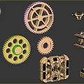 Golden Mechanical Gears and Parts Featuring Various Sizes and Intricate Designs