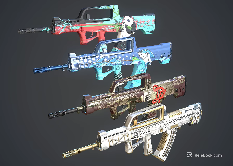 Colorful Decorative Firearms With Various Patterns And Distinctive Designs Displayed Together 3d model 