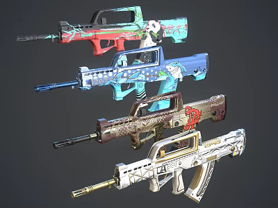 Colorful Decorative Firearms With Various Patterns And Distinctive Designs Displayed Together 3d model