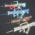 Colorful Decorative Firearms With Various Patterns And Distinctive Designs Displayed Together 3d model