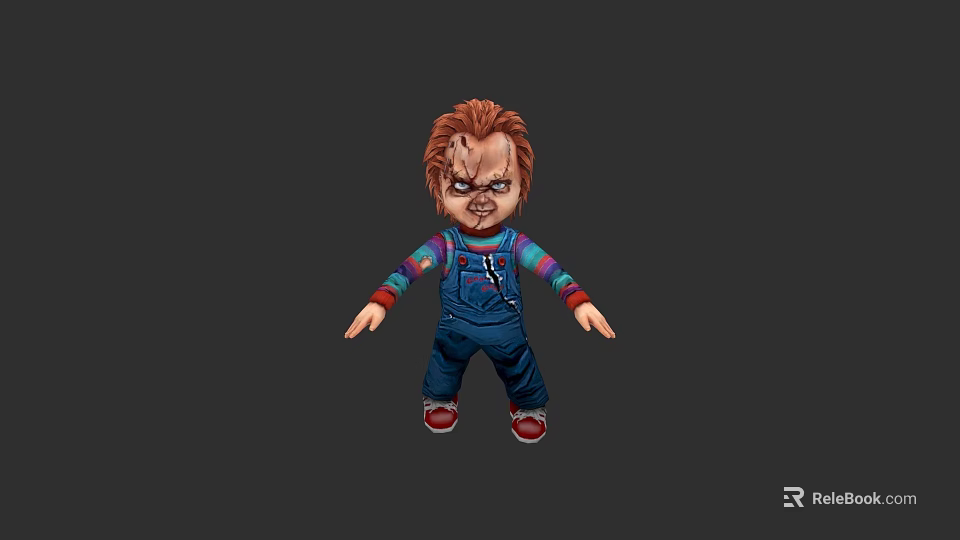 Scary Doll Character With Red Hair Blue Overalls And Scarred Face Design 3d model 