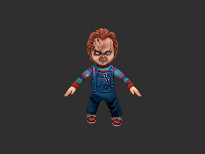 Scary Doll Character With Red Hair Blue Overalls And Scarred Face Design 3d model