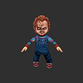 Scary Doll Character With Red Hair Blue Overalls And Scarred Face Design