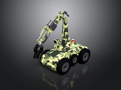 Camouflage Military Vehicle With Mechanical Arm Multi Wheel And Warning Light 3d model