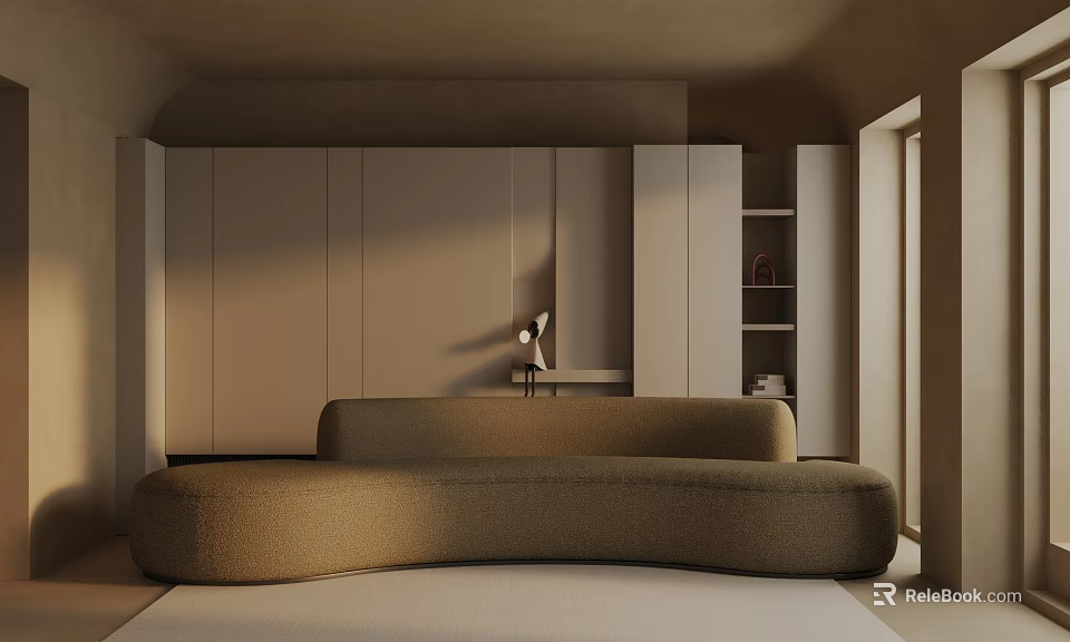 Minimalist Living Room Interior With Three Seater Sofa Storage Cabinets And Floor Lamp 3d model 