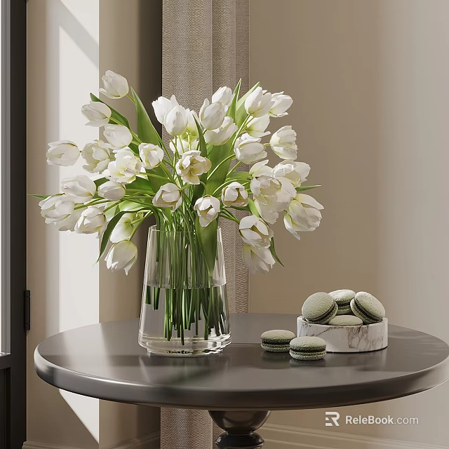 Clear Glass Vase With White Tulips On Round Table And Marble Tray Macarons 3d model 