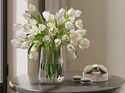 Clear Glass Vase With White Tulips On Round Table And Marble Tray Macarons 3d model