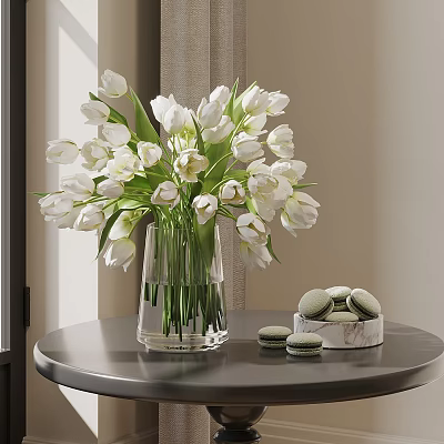 Clear Glass Vase With White Tulips On Round Table And Marble Tray Macarons 3d model