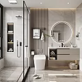 Modern Bathroom Interior With Glass Shower Round Mirror And Vanity Storage 3d model