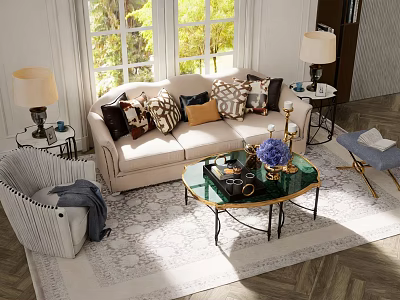 Beige Sofa and Glass Coffee Table Set with Decorative Pillows Gold Frame and Natural Light 3d model