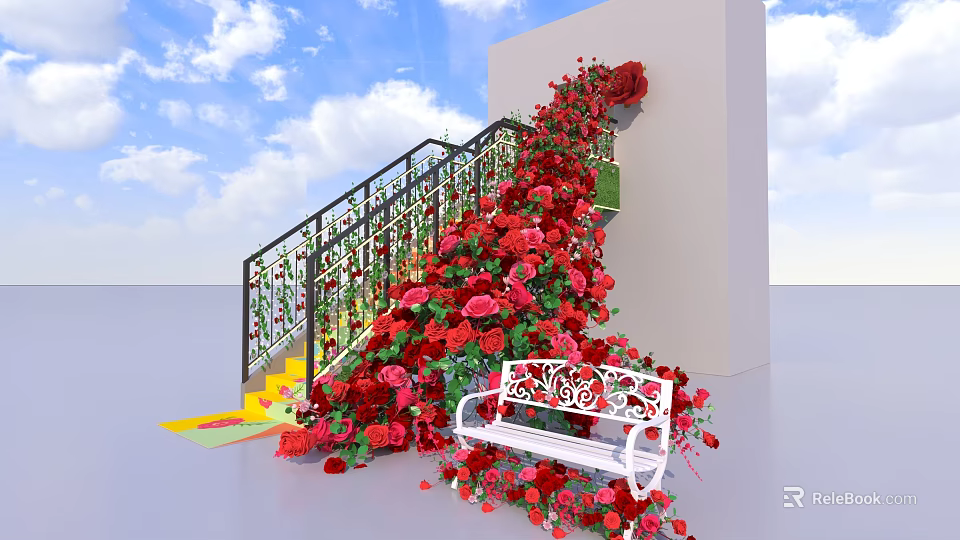 Floral Display with Red and Pink Flowers Decorating Staircase Railing Wall and White Bench 3d model 