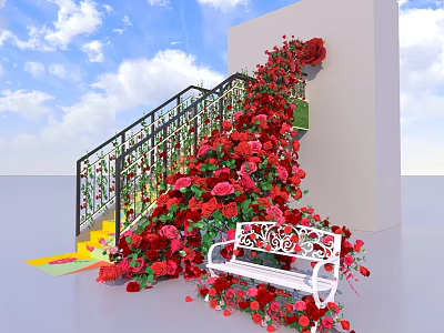 Floral Display with Red and Pink Flowers Decorating Staircase Railing Wall and White Bench 3d model