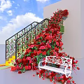 Floral Display with Red and Pink Flowers Decorating Staircase Railing Wall and White Bench