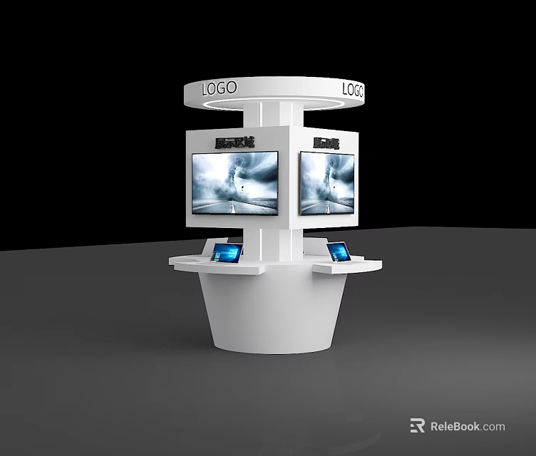 White Display Stand Featuring Top Logo Side Screens Brand Signage And Bottom Devices 3d model 