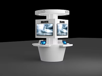 White Display Stand Featuring Top Logo Side Screens Brand Signage And Bottom Devices 3d model
