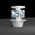 White Display Stand Featuring Top Logo Side Screens Brand Signage And Bottom Devices