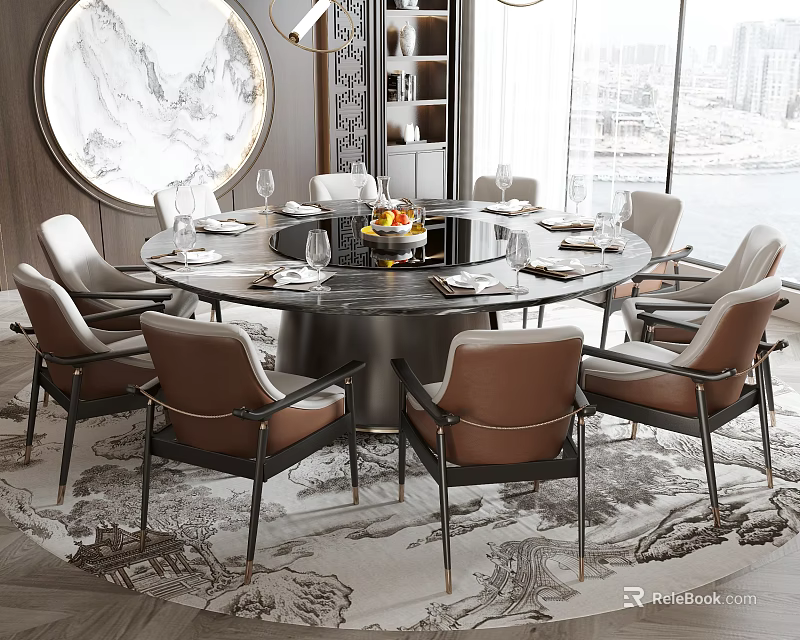 Elegant Round Dining Table Set With Leather Chairs Metal Frame Decorative Centerpiece And Window View 3d model 