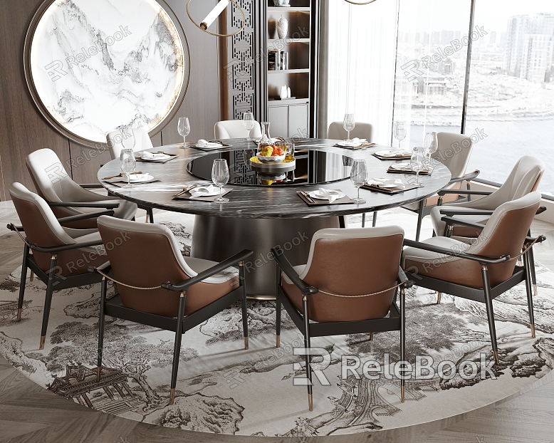 New Chinese Dining Table and Chair Room Dining Table and Chair Round Dining Table Dining Chair Single Chair Background Wall model