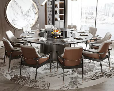 Elegant Round Dining Table Set With Leather Chairs Metal Frame Decorative Centerpiece And Window View 3d model