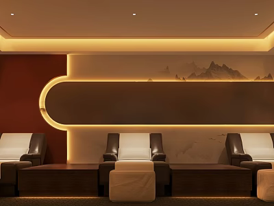 Cozy SPA Sauna Lounge With Recliners Warm Lighting And Landscape Mural 3d model