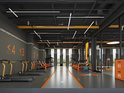 Modern Gym Interior With Treadmills Fitness Equipment And Numbered Signs 3d model