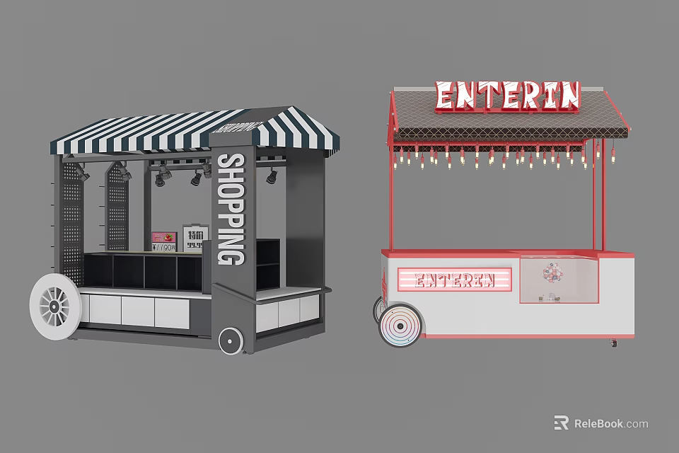 Functional Shopping Entertainment Mobile Carts With Striped Awnings Lights And Wheels 3d model 