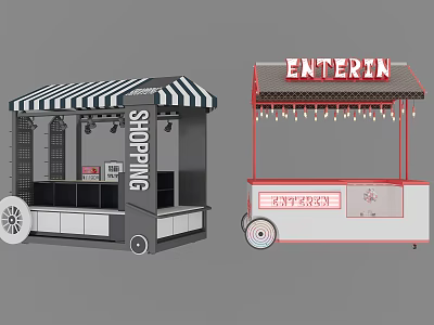 Functional Shopping Entertainment Mobile Carts With Striped Awnings Lights And Wheels 3d model