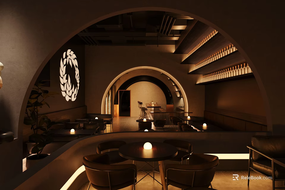 Modern Bar Interior With Arched Design Warm Lighting Wine Racks And Round Tables 3d model 