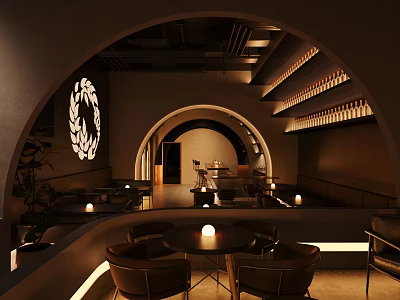 Modern Bar Interior With Arched Design Warm Lighting Wine Racks And Round Tables 3d model