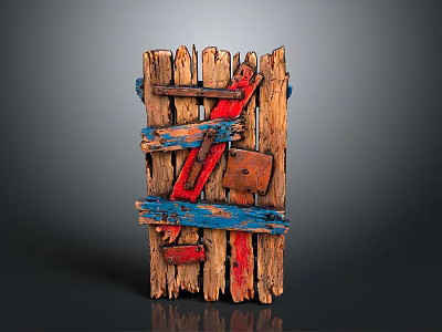 Rustic Wooden Planks Art Sculpture With Blue Red Paint And Metal Pieces 3d model