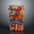 Rustic Wooden Planks Art Sculpture With Blue Red Paint And Metal Pieces