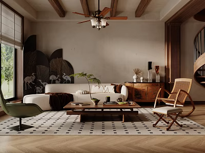 Rustic Living Room Interior With Wooden Beams Ceiling Fan White Sofa And Patterned Rug 3d model