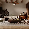 Rustic Living Room Interior With Wooden Beams Ceiling Fan White Sofa And Patterned Rug