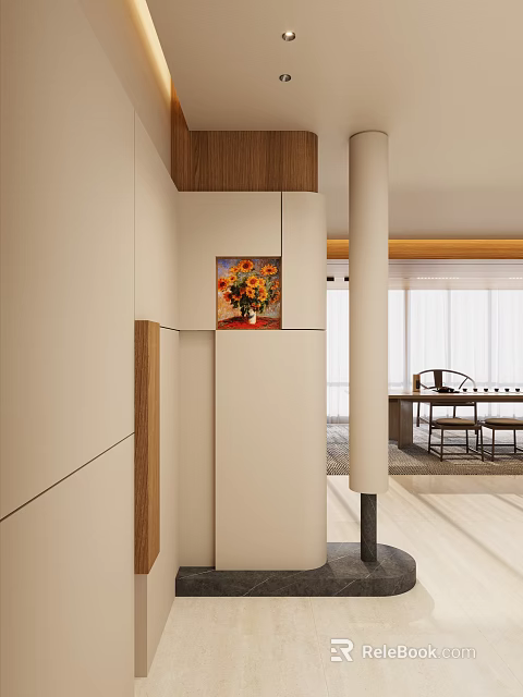 Modern Entryway Hallway Interior With White Walls Wooden Accents And Sunflower Painting 3d model 