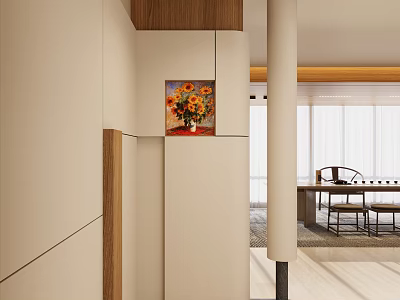Modern Entryway Hallway Interior With White Walls Wooden Accents And Sunflower Painting 3d model