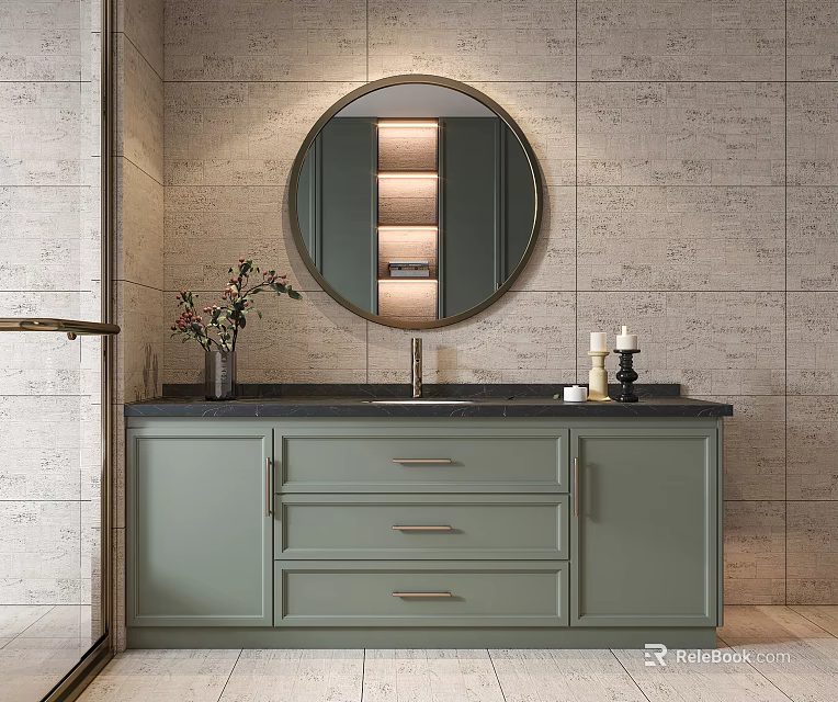 Light Green Bathroom Vanity with Black Countertop Round Mirror and Decorative Vase Candles 3d model 