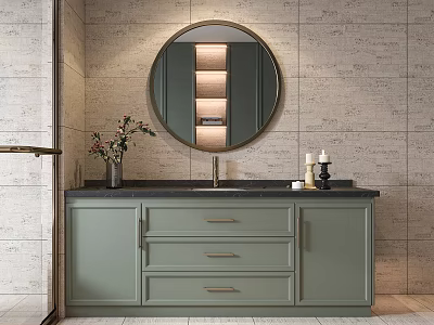 Light Green Bathroom Vanity with Black Countertop Round Mirror and Decorative Vase Candles 3d model