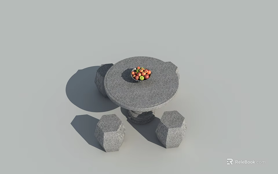 Durable Stone Round Outdoor Table With Hexagonal Stools And Fruit Bowl 3d model