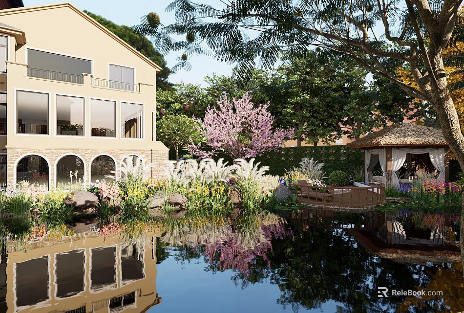 Serene Courtyard Garden with Pond Reflections Pink Flowering Tree Gazebo and Arched Window Building 3d model 