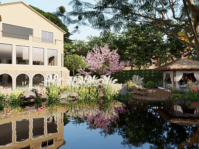 Serene Courtyard Garden with Pond Reflections Pink Flowering Tree Gazebo and Arched Window Building 3d model