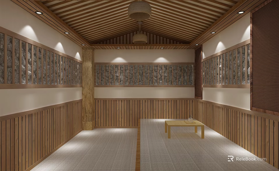 Shower Sauna Interior Design With Wooden Walls Tatami Flooring And Small Wooden Table 3d model 