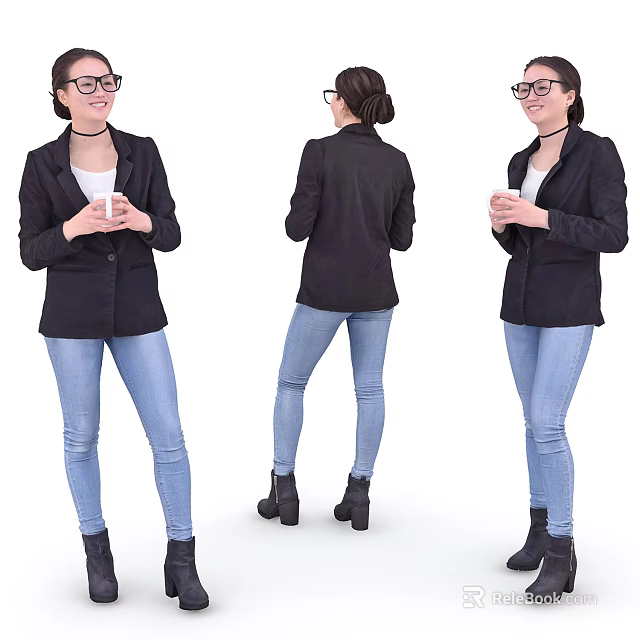 Woman In Black Blazer White Top Blue Jeans And Black Boots Holding Phone Three Angles 3d model 