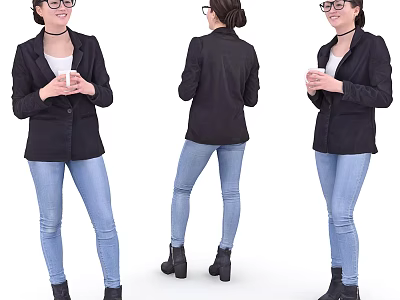 Woman In Black Blazer White Top Blue Jeans And Black Boots Holding Phone Three Angles 3d model