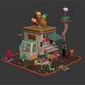 Playful Cartoon Food Stall Scene With Colorful Cart Street Lamp Tables Chairs And Menu Board